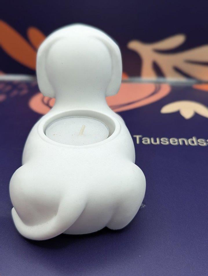 Teelichthalter in Dackel Form, Mitbringsel aus Gips